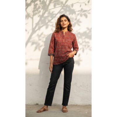 FusionFit- Ethnic Ajrakh Collar Neck Top