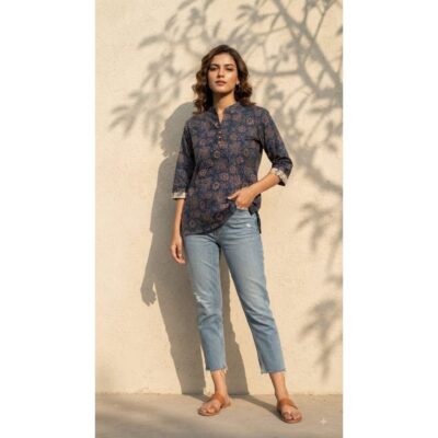 FusionFit- Ethnic Ajrakh Collar Neck Top