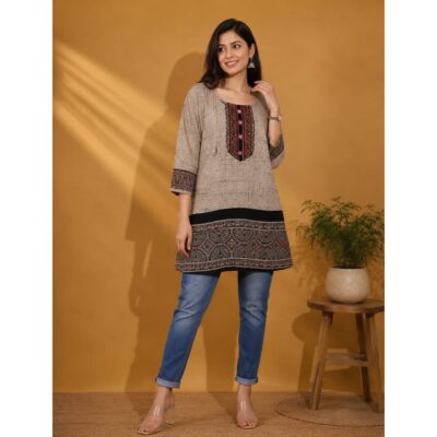 Kashida- Handcrafted Ajrakh Short kurti