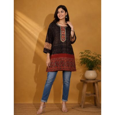 Kashida- Handcrafted Ajrakh Short Kurti