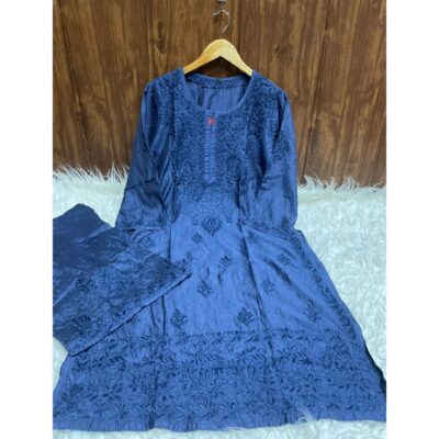 Kashida- Chanderi Silk Chikankari Kurta Set