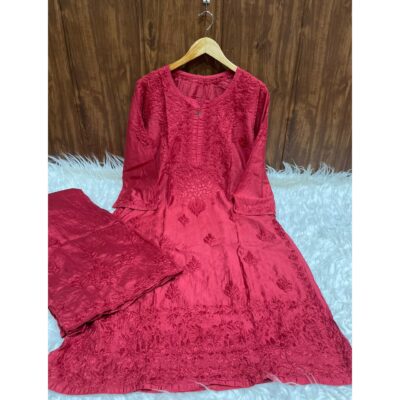 Kashida- Chanderi Silk Chikankari Kurta Set