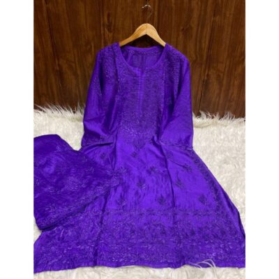 Kashida- Chanderi Silk Chikankari Kurta Set