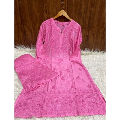 Kashida- Chanderi Silk Chikankari Kurta Set