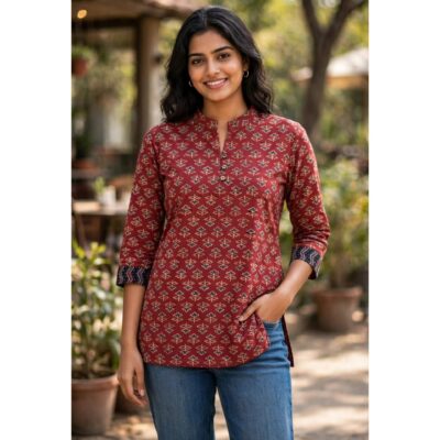 Dhriti- Natural Handblock Ajrakh Cotton Top