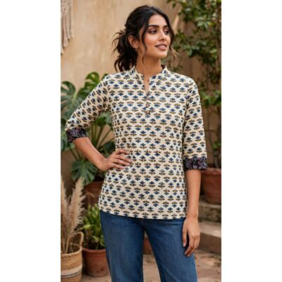 Dhriti- Natural Handblock Ajrakh Cotton Top