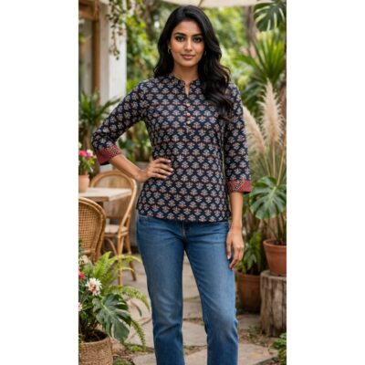 Dhriti- Natural Handblock Ajrakh Cotton Top