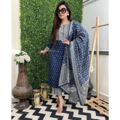 Chitrali- Mirror Work Hand Block Cotton Suit Set