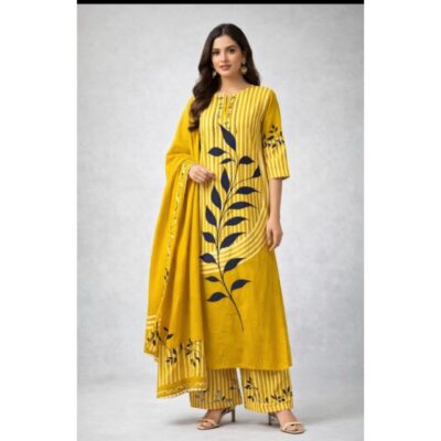 Nirvi- Leaf Print Cotton 3-Piece Suit Set