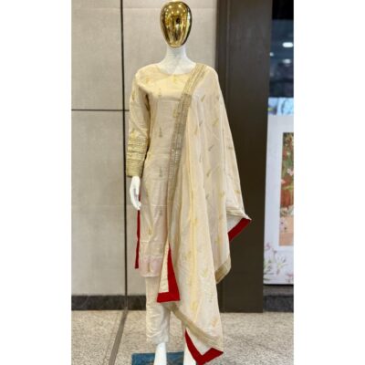 Meher- Ivory Embellished Silk Suit Set